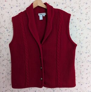 ♥️ Wool Boiled Vest L Cable Knit Coldwater Creek Silvertone buttons Felt Trim